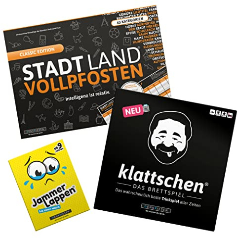 DENKRIESEN Party Pack | Klattschen Brettspiel, Jammerlappen & SLV | Drei beliebte Partyspiele mit Brettspiel, Kartenspiel und Spielblock für gemeinsame Spieleabende.