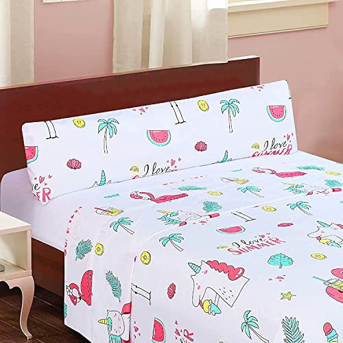 Dalina Textil Juego de Sábanas Infantil para Cama 3 Piezas - 1 Sábanas Bajera Ajustable Cama 90cm con Encimera 165x260cm y 1 Funda de Almohada Larga (Cama de 90x190-200cm Unicornio y Flamenco)