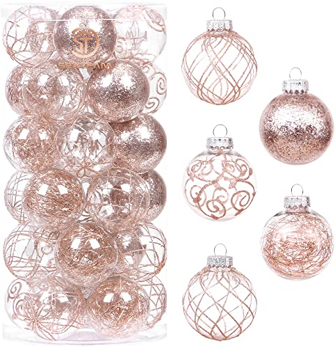 Sea Team - Juego de adornos de bolas de Navidad de plástico transparente irrompible de 60 mm/2,36 pulgadas con pintura con purpurina, transparente, transparente, adornos de cristal (30, oro rosa)