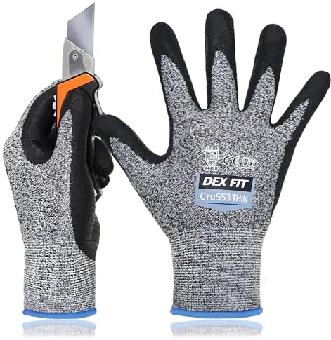DEX FIT Cru553 Thin 15-gauge Level 4 Cut Resistant Gloves, Firm Grip, 3D-Comfort Fit, Lightweight & Durable, Touchscreen Compatible for Precision Assembly; Grey L (9) 3 Pair