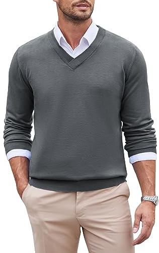 COOFANDY Jersey Hombre Cuello V Suéter Fino Manga Larga Slim Fit Suéter de Punto Pullover Formal Casual Color Sólido Jersey Invierno Sweater Básico Gris M