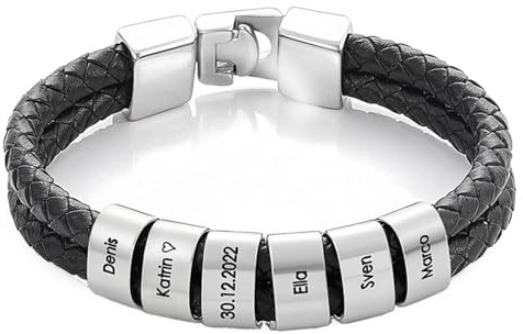 bijuuu Lederarmband Herren – Echtleder Armband mit Namen – Flechtarmband aus Leder inklusive Gravur – Namensarmband personalisiert – Geschenke für Männer – Edelstahl – Silver Beads