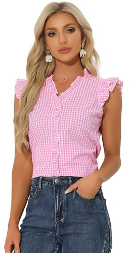 Allegra K Camisa con Volantes para Mujer de Los Años 50, Cuello en V, Manga Casquillo, Blusa A Cuadros A Cuadros