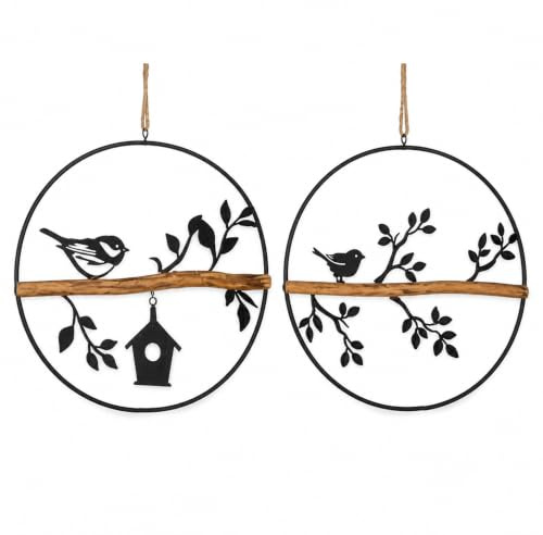 Formano 2 x Dekohänger Vogel auf AST im Ring | Metall Fensterdeko Hänger schwarz | ca. 25 cm | Hängedeko