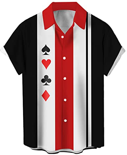 Vintage Hawaiiansk kortärmad bowlingskjorta för män, vardaglig Hawaii-skjorta, sommar, strand, normal passform, Klassisk poker, XL