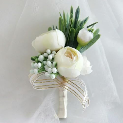 KPVVPEOX Boutonnieres, künstliche Rosen, Seide, elfenbeinfarben, Ansteckblume für Trauzeugen, Ansteckblume für Herren, Hochzeitszubehör, 2 Stück