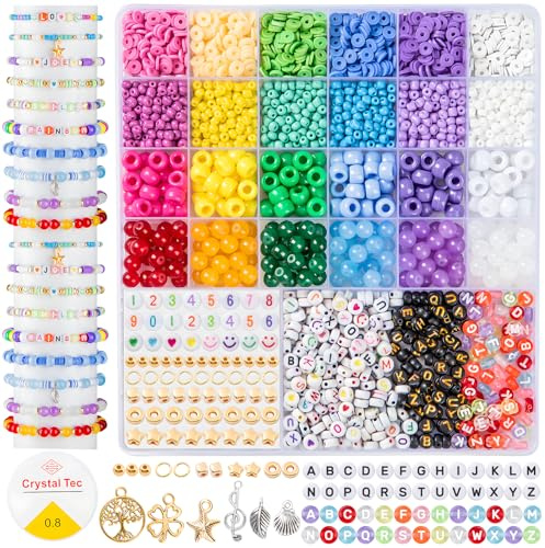 zenmag Perlen Set für Armbänder mit Tonperlen, 4 mm Perlen, Ponyperlen, 8 mm Glasperlen, Buchstabenperlen & Charms, Bastelset für Erwachsenerer ab Armbänder Selber Machen
