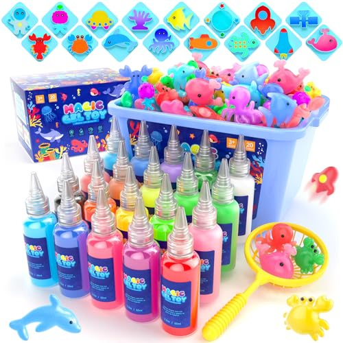 Hot Bee Water Gel Craft Kit for Kids, DIY Squishy Maker with 20 Colour Gels & 8 Double-Sided Ocean & Space Moulds, Aqua Gel Arts and Crafts Toys, Birthday Gifts for Girls Boys Age 3-8