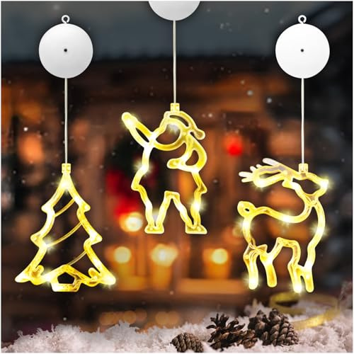 Festicy 3er Set LED Weihnachtsdeko Fenster 2026 I Fensterdeko Weihnachten Weihnachtsbaum, Weihnachtsmann, REH, mit Saugnapf I Fensterbeleuchtung Weihnachten I Beleuchtete Weihnachtsdeko Innen Fenste