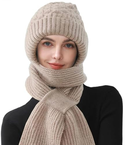Yutdeng Damen Hut Schal Einteiler Winter Warm Kapuzenschal Frauen Gestrickt Dicker Einteiliger Strickmütze Winterschal 2 in 1 Integrierter Gehörschutz Winddichte Strick Mütze mit Schal Hutschal Thermo