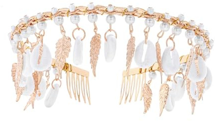 Flayem Damen Boho Kopfkette Quasten Fransen Pailletten Tiara Krone Party Shinny Sparkle Festival Stirnband (Gold-Blatt-Schale, M)