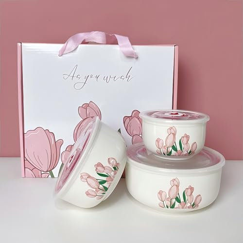Cnwinu Ceramics Salad Bowl with Lid Sets,Soup Bowls,Kitchen Noodle Bowl Mixing Lunch Box,Suitable for Snack,Soup,Rice,Fruit,Vegetables(Pink Tulips)