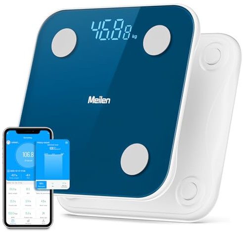 Digitale Waage Personen Körperwaage mit APP, Intelligente Personenwaage zur Überwachung des BMI,Gewicht, Fettanteil,Muskelmasse, Maximale Tragfähigkeit 180 kg, Batterie im Lieferumfang enthalten-Blau