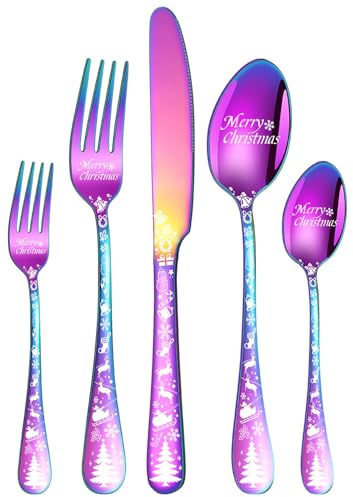 XIAOYU 5PCS Christmas Silverware Set, Food-Grade Stainless Steel Flatware Set with Unique Christmas Tree Pattern Handles, Knife Fork Spoon Set, Tableware Cutlery Set for Christmas, Halloween, Easter