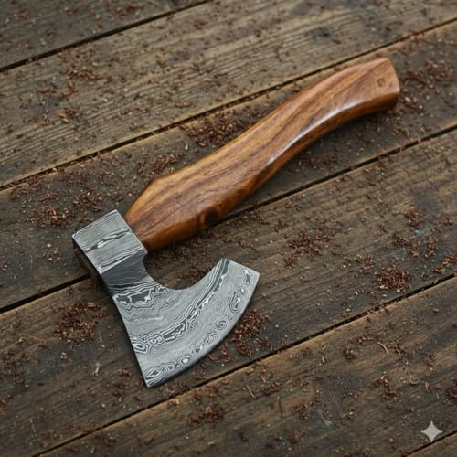 Nesmo - 012 Handmade Damascus Steel 11'' Mini Axe with Wooden Handle for Splitting and Cutting Wood, Camping Axe, Throwing Axe, Vikinng Axe,Outdoor, Survival & Gift for Men