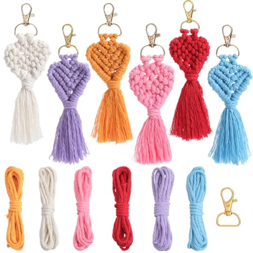 SUNNYCLUE 6 Set di Kit per Realizzare Portachiavi A Forma di Cuore con macramè A Coda di Pesce con Istruzioni Kit per Portachiavi in macramè con Nappe Kit per macramè Boho per Adulti Principianti