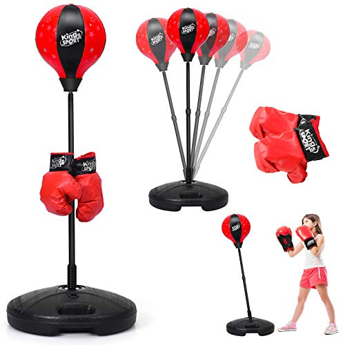 GOPLUS Punchingboll, höjdjusterbar stående box 81–123,5 cm, stanslådor set inkl. boxhandskar och handpump, bas för fyllning med vatten eller sand, boxningssäck för barn över 3 år (röd)