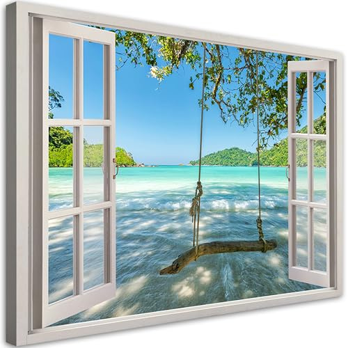 Feeby Leinwandbild - Wohnzimmer Vlies Bilder - Fensterblick Meer Natur - 90x60 1tlg - Deko Schlafzimmer - Dekoration - Aesthetic Leinwanddruck - Moderne Bild - Foto auf Leinwand