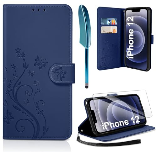 AROYI Lederhülle Kompatibel mit iPhone 12/12 Pro Hülle und Schutzfolie, Flip Wallet Handyhülle PU Leder Case Kartensteckplätzen Schutzhülle Kompatibel mit iPhone 12/12 Pro Dunkel Blau