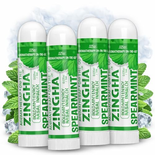 Z!NGHA Natural Aromatherapy Nasal Inhaler Stick for Sinus Relief, Focus & Stress Relief | Portable Dual-Hole Essential Oil Blend (4PK, Spearmint)