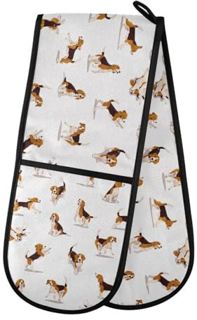 Ofenhandschuhe, doppelte Ofenhandschuhe, Dackel, Hund, weiß, hitzebeständig, gesteppt, für Grillen, Backen, Küche, Kochen, Handschuhe