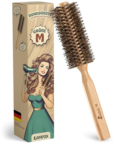 lampox Spazzola rotonda per asciugacapelli con setole di cinghiale per volume e lucentezza, spazzola per capelli tondi, spazzola per lo styling per donne e uomini, lisciatura, ricci (M)