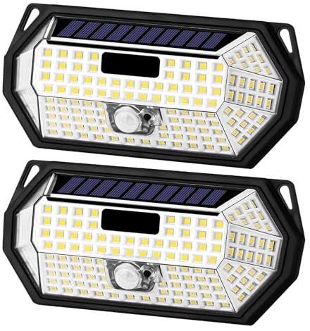LQWELL Solarlampen für Außen mit Bewegungsmelder, 300° LED Solarleuchten Lampe, Solar Wandleuchte, Superhelle Aussenleuchte IP65 Wasserdichte, 3 modi, 148 LED für Garten Terrasse Garage (2 Stk)