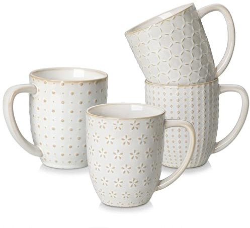 MALACASA Mug Sets of 4, 16 OZ Ceramic Mugs Set of 4 with Handle, Embossment Cups for Latte, Hot Tea, Cappuccino, Mocha, Cocoa, Dishwasher & Microwave Safe Gift Set, White,Lydia Serie
