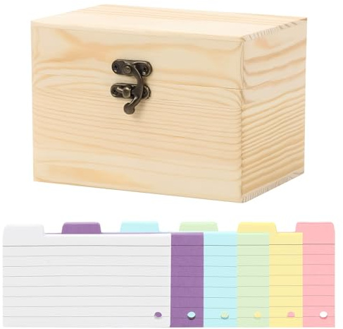 Clyfanesy Index Card Holder 4x6 inch, Wooden Flashcards Organizer Box with 150 Cards, Recipe Cards Case with Coloured Card, Revision Card Box Storage for Study Office Recipes