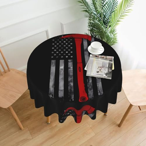 WZYWHJ Firefighter Axe Red Line Flag printing Round long tablecloth anti overflow and wrinkle resistant dining table cloth 60 inches
