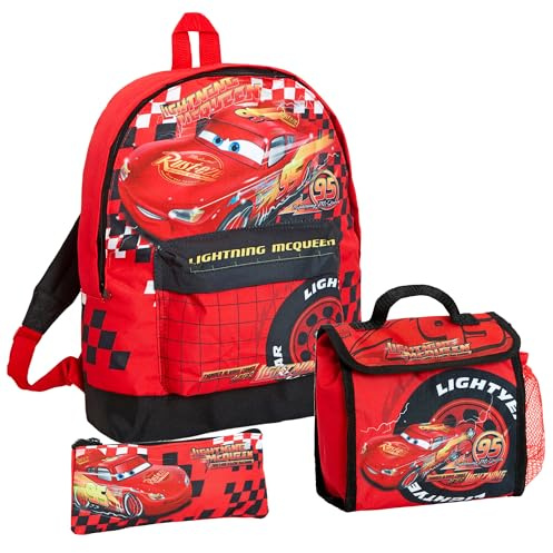 Disney Cars - Set de mochila escolar, lonchera y estuche para lápices de Rayo McQueen de 3 piezas de regalo, rosso