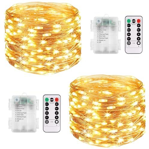 Fairy Lights Battery Operated, 2Pack 12m 120LED Copper Wire Lights Outdoor String Light with Remote Control/8 Modes/Waterproof, Decorative Lights for Christmas, Garden, Home Indoor(Warm White)