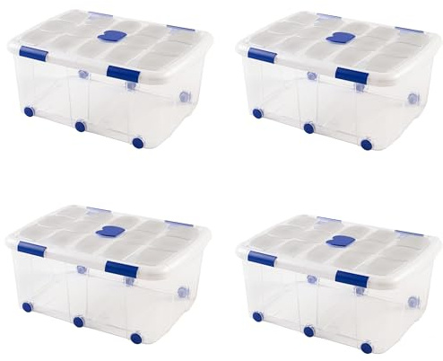 COSHANO Set Caja de almacenaje pongotodo de ordenación apilable Contenedor para almacenar Juguetes, Libros, Ropa, Mantas - Capacidad 100 litros plástico Transparente (4x 76.5x56.5x39cm)