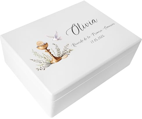 Creative DECO Blanca Caja Regalo Personalizada Primera Comunión de Memoria | Caja de Madera para Niños / Niñas | Personalizado - Cáliz | Impreso | Personalizadas para Niño y Niña | Personalizados
