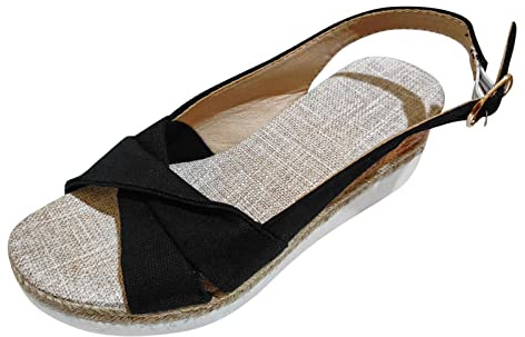 Uwdiohq Sandalias De Tacón Con Gruesa Y Hebilla Lona Color Liso Para Mujer A La Verano Sexy (Black, 40) Alpargatas Cuña Black Flat Shoes Women Rehabilitación Calzado Chanclas Agua Cuñas Rojas