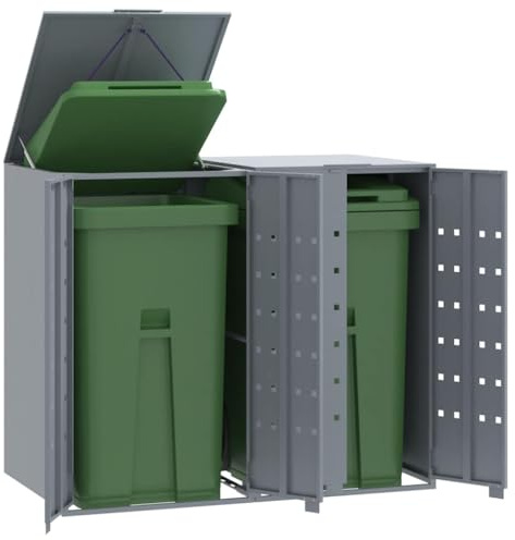 Mokuyary Rangement à roulettes pour poubelles pour 2 bacs Gris Acier, Abri de Jardin Cache pour poubelles, Conteneur d'extérieur Coffre de Rangement