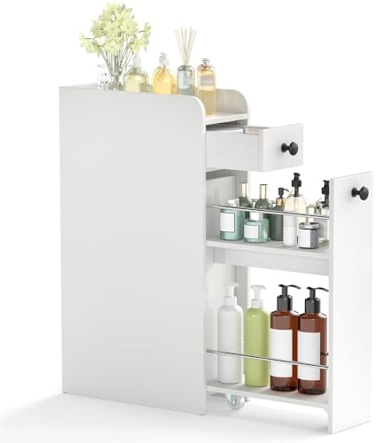 COSTWAY Nischenschrank mit Rollen, Badezimmerschrank mit offener Ablage & 2 Schubladen, Rollwagen, Nischenwagen schmal für Badezimmer, Küche & Wäscherei, 18 x 40 x 70 cm (Weiß)