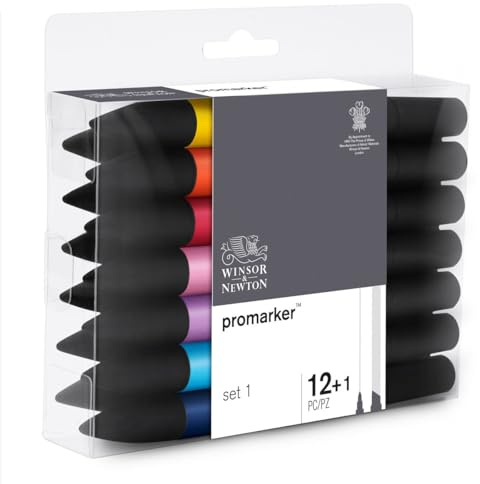 Winsor & Newton 0290137 ProMarker, Professioneller Layoutmarker - 2 Spitzen, fein und breit für Zeichnungen, Design und Layouts - 13 Farben Set 1 | 0290104 – 12 Promarker Set 1 mit Alkoholmarkern für Zeichnung und Layout