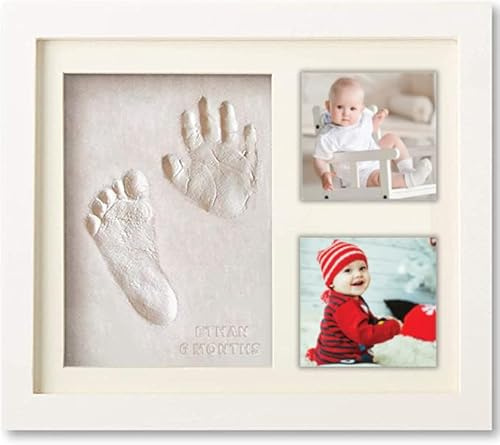 Cornice Impronte Neonato 5ª Generazione - Kit Impronte Mani e Piedi in Argilla Morbida - Regalo per Neonati con Portafoto da Tavolo e Parete