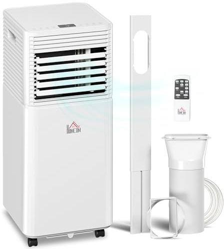 HOMCOM 10000 BTU Mobile Portable Air Conditioner for Rooms Up to 441 Sq.Ft., 4-in-1 AC Unit with Cooling, Dehumidifier, Fan, Sleep Mode, Remote, 24H Timer, LED Display, Window Installation Kit, White