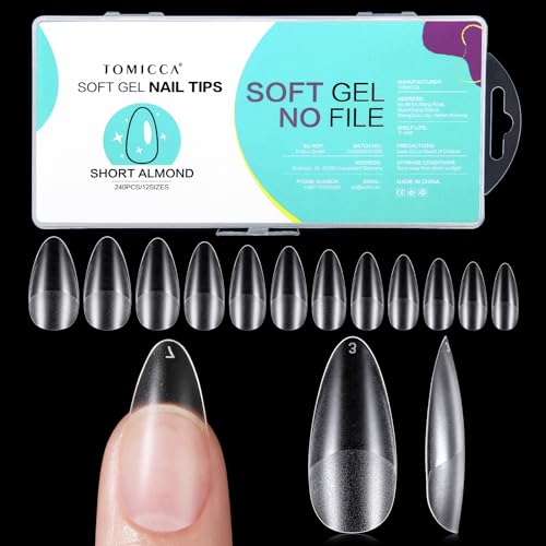 TOMICCA Almond Kurz Nageltips-Tips für Gelnägel,Gel Full Cover Nail Tips, Pre-Shaped Halbmatt tips nägel Gelly Nagelspitzen für Acrylnägel-240 Pieces 12 Sizes