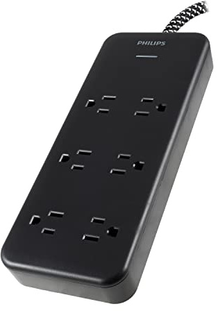 Philips 6-Outlet Surge Protector, 8 Ft, Braided Cord, 1080 Joules, Adapter-Spaced, Black, SPC6066BB/37