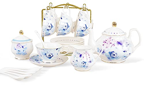 fanquare 21 Teiliges Modern Stil Porzellan Teeservice, Blaue Blumen im Aquarellstil Keramik Tee Sets, Kaffeeservice für Erwachsene