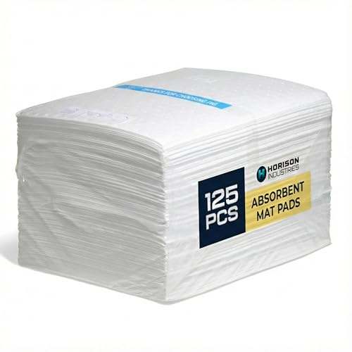 Horison Industries Universal Absorbent Mats 125 Pack White, 380x0.51 mm Oil Absorbing Rolls for Large Area Oil Absorbent Pads, 8 Layer Tear-Proof & Dimple Pattern Spill Pads for Oils & Hydrocarbons