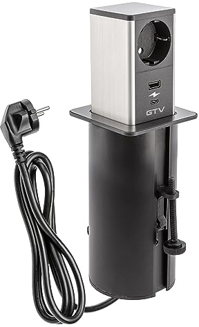 GTV - Möbelsteckdose Tower, Ausziehbare Einbausteckdose, 1x Schuko Steckdose, 1x USB A, 1x USB C, Kabellänge 1,5m, Farbe Schwarz, für Schreibtische, Tischplatte, Küchen und Büro