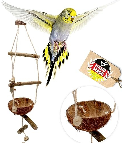 Vogelgaleria® Vogelspielplatz für Wellensittich Nymphensittich Vogelschaukel Vogelspielzeug Kokosnuss