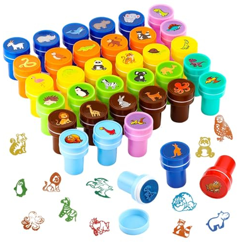 Litimkat 36 Stück Stempel Kinder, Mehrfarbige Tiere Stempelset，Selbstfärbende Stempel Set,für Geburtstag, Gastgeschenke, Geschenktütenfüller, Klassenzimmer-Preise