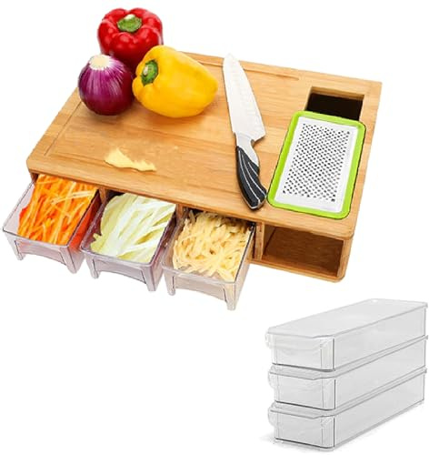 MantraRaj Bamboo Chopping Board with Containers 3 Storage Drawer Trays with Lids and Grater | Wooden Chopping Board Set for Salad Fruit Vegetables Cheese Meat Fish