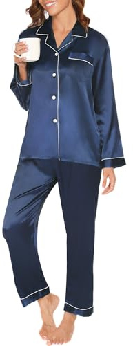 Reliwel Dampyjamas i Satin Pyjamas Dam Tvådelad Långärmad Pyjamasset Med Knappar Silke Mjuk V-ringning Öppen Framsida Och Byxor Sidoväskor, Marinblå, S