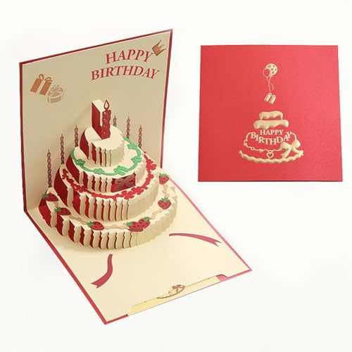 Tokusyou Geburtstagskarte 3D Pop Up Karte Geburtstag Grußkarten mit Schönen Papier-Cut und Umschlag, Kreative Happy Birthday Card Geschenke für Mütter Mädchen Freunde Kinder Familie Frauen,Rot